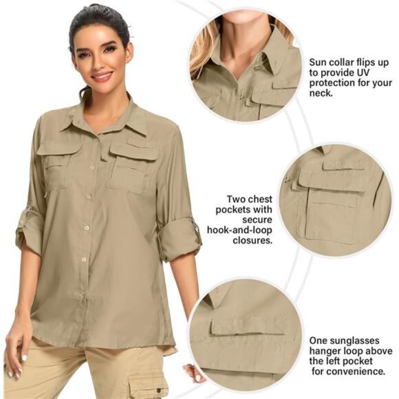 Women's UPF 50+ UV Sun Protection Safari Shirt, Long Sleeve Outdoor Cool Quick - Picture 2 of 7
